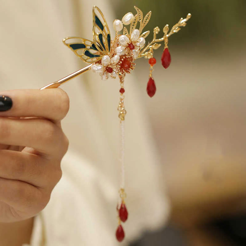 Rote Blume Schmetterling Perle Quaste Haarspange Kamm Krone, spiritueller Schmuck