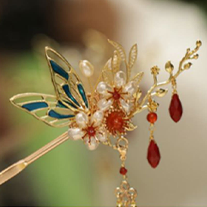 Rote Blume Schmetterling Perle Quaste Haarspange Kamm Krone, spiritueller Schmuck