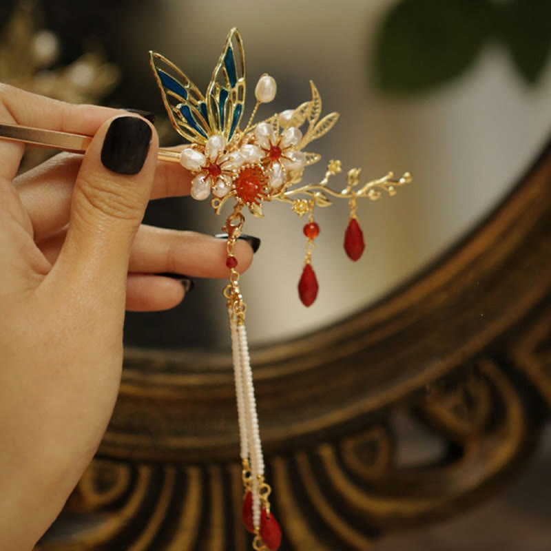 Rote Blume Schmetterling Perle Quaste Haarspange Kamm Krone, spiritueller Schmuck
