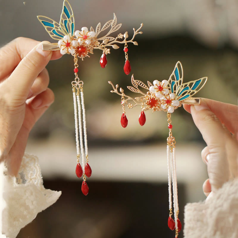 Rote Blume Schmetterling Perle Quaste Haarspange Kamm Krone, spiritueller Schmuck