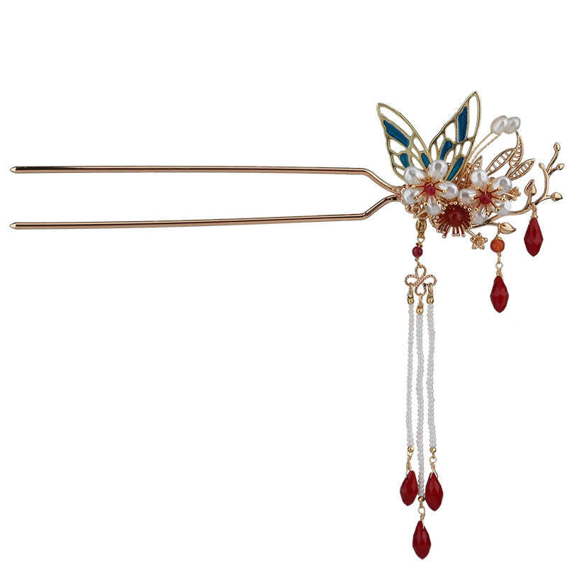 Rote Blume Schmetterling Perle Quaste Haarspange Kamm Krone, spiritueller Schmuck
