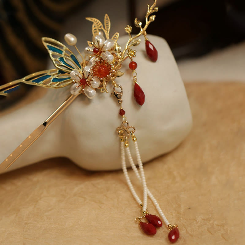 Rote Blume Schmetterling Perle Quaste Haarspange Kamm Krone, spiritueller Schmuck