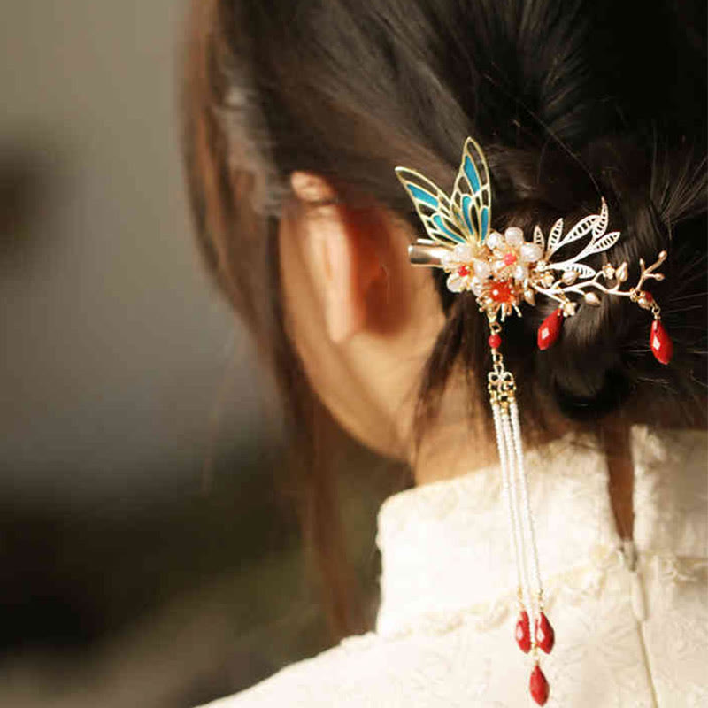 Rote Blume Schmetterling Perle Quaste Haarspange Kamm Krone, spiritueller Schmuck