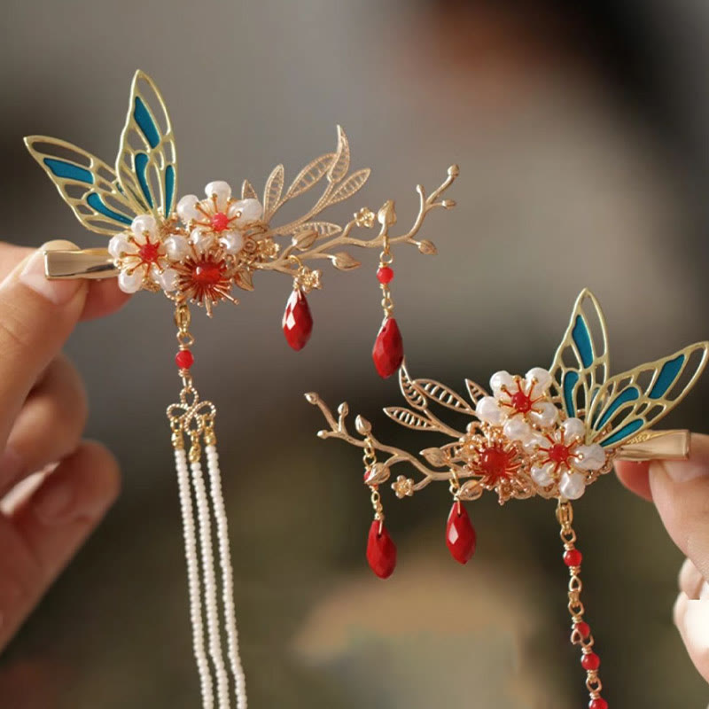 Rote Blume Schmetterling Perle Quaste Haarspange Kamm Krone, spiritueller Schmuck