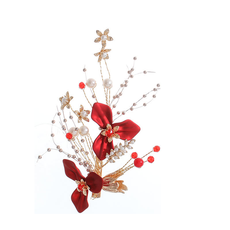 Rote Blumenperlen Haarspange Set | Chinesische Hochzeitshaarnadel
