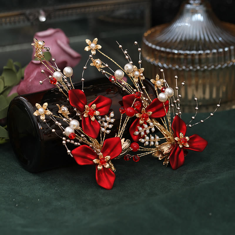 Rote Blumenperlen Haarspange Set | Chinesische Hochzeitshaarnadel
