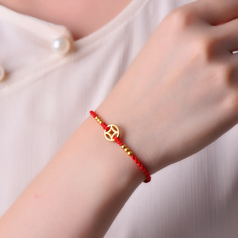 Rotes Schnurarmband für Stärke und Schutz | Geflochtene Kupfermünze