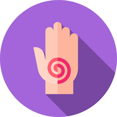 Hand with red spiral symbol in palm promoting Reiki Healing Subscription service