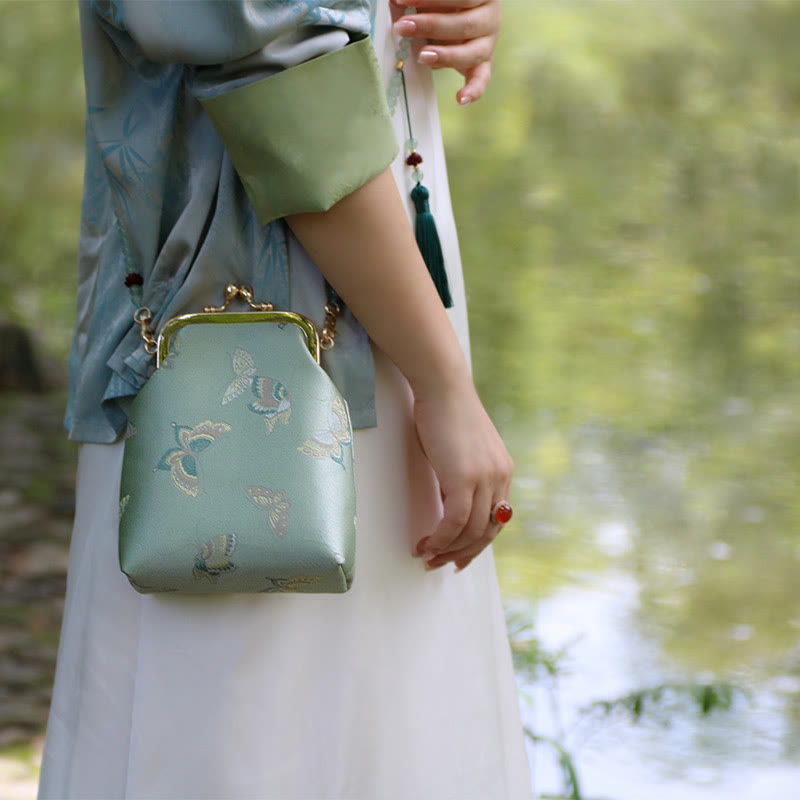 Retro-Umhängetasche mit chinesischer Stickerei und Perlenkette, 14 x 6 x 18 cm