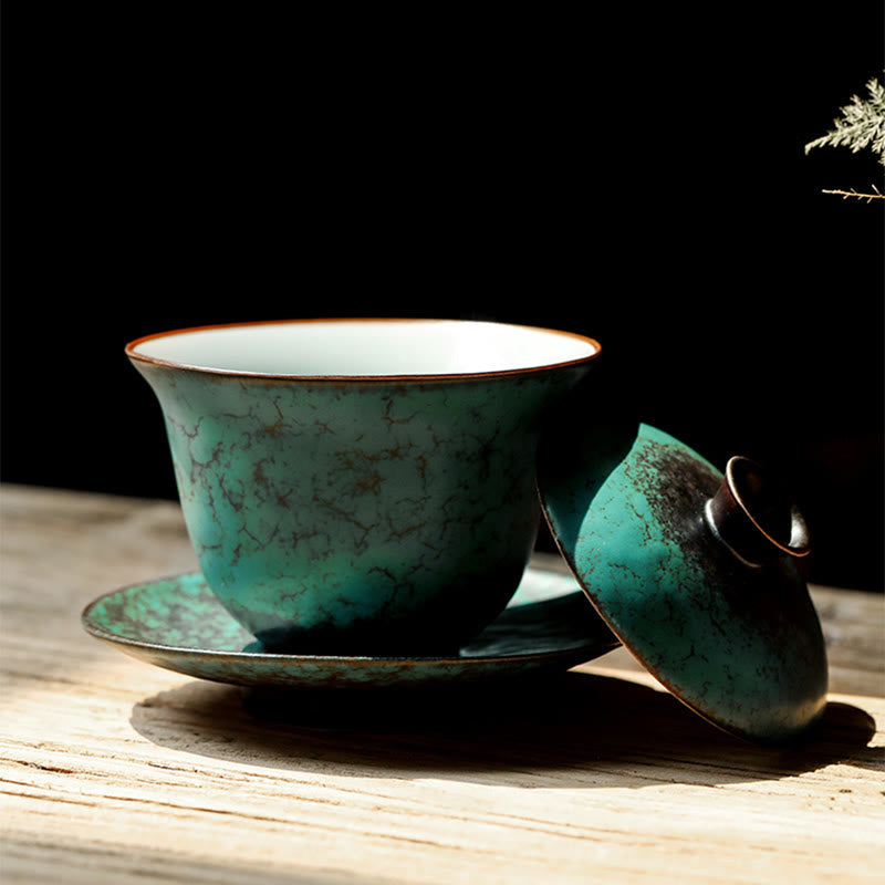 Retro-Set aus grün glasierter Keramik-Gaiwan-Teetasse, 180 ml