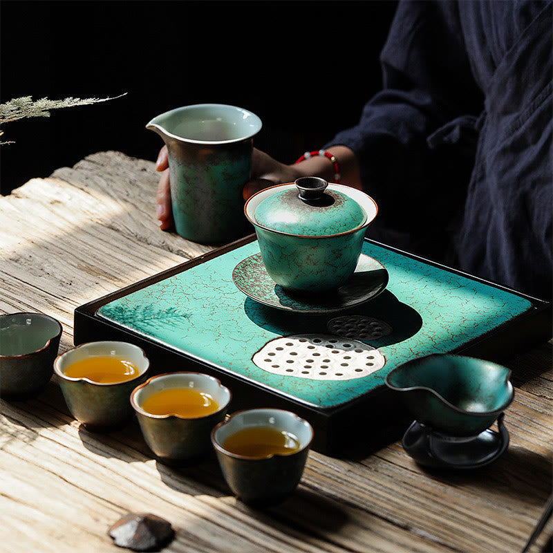 Retro-Set aus grün glasierter Keramik-Gaiwan-Teetasse, 180 ml