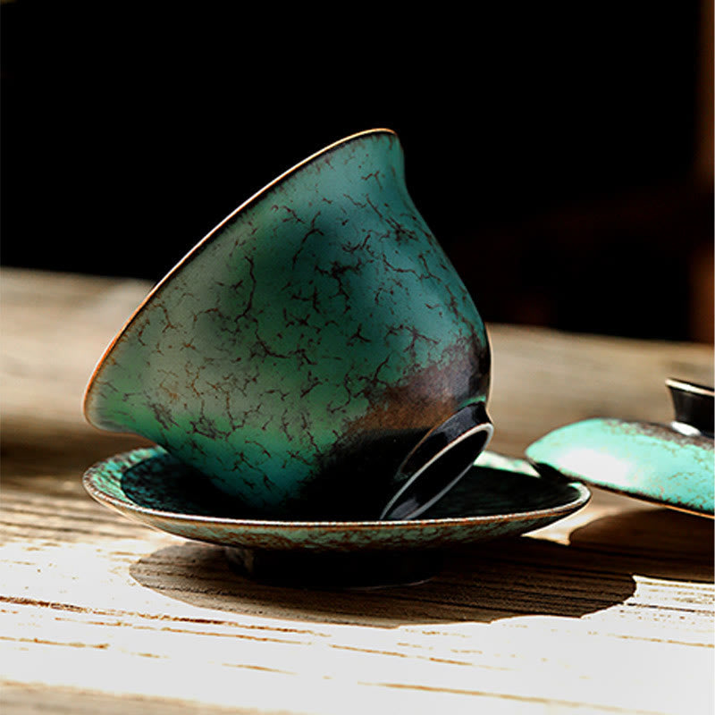 Retro-Set aus grün glasierter Keramik-Gaiwan-Teetasse, 180 ml