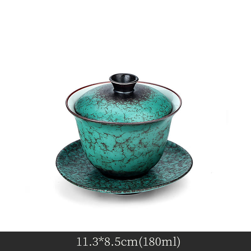 Retro-Set aus grün glasierter Keramik-Gaiwan-Teetasse, 180 ml