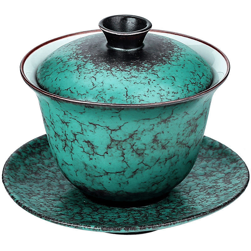 Retro-Set aus grün glasierter Keramik-Gaiwan-Teetasse, 180 ml