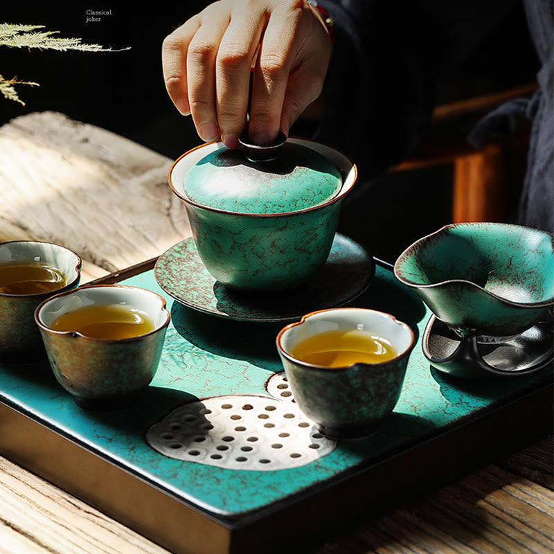 Retro-Set aus grün glasierter Keramik-Gaiwan-Teetasse, 180 ml