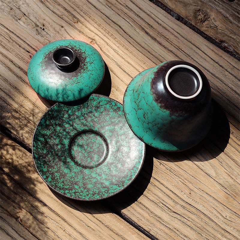 Retro-Set aus grün glasierter Keramik-Gaiwan-Teetasse, 180 ml