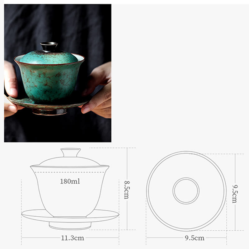 Retro-Set aus grün glasierter Keramik-Gaiwan-Teetasse, 180 ml