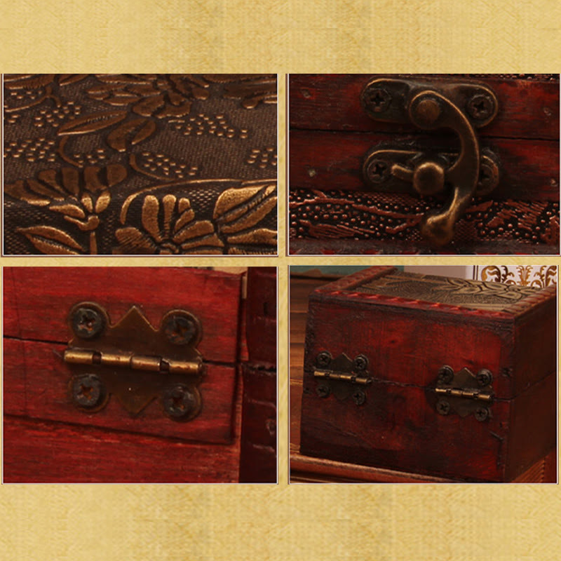 Kleine quadratische Schmuckschatulle aus Holz im Retro-Stil mit Lotus-Design