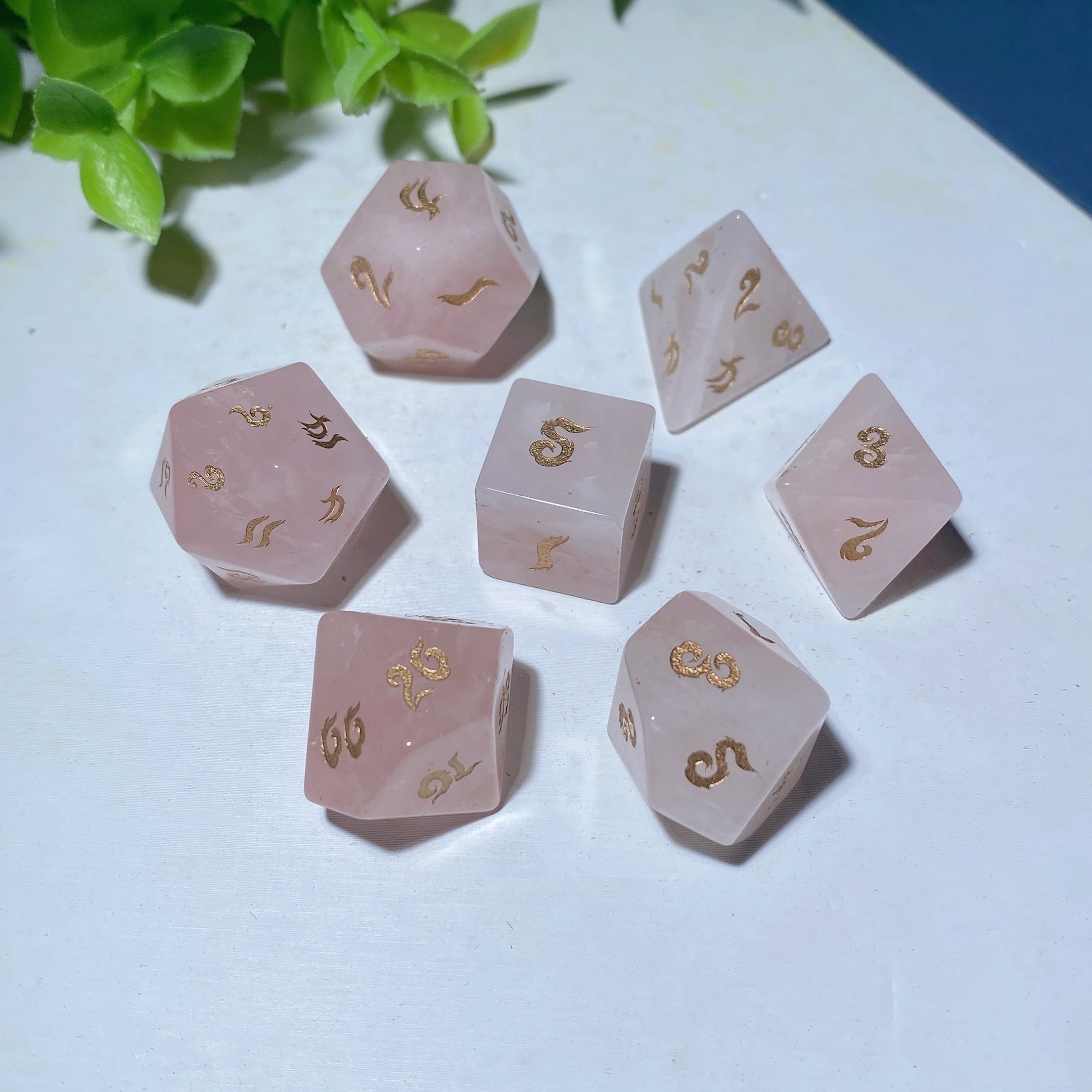 Rose Quartz Polyhedral Crystal Dice Set 8.6in Healing