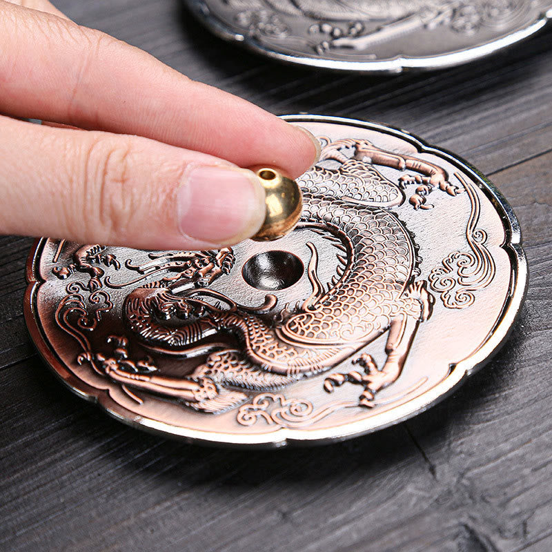 Runder Drachen-Räuchergefäß, 9,2 cm, Kupferlegierung, Meditationsdekor