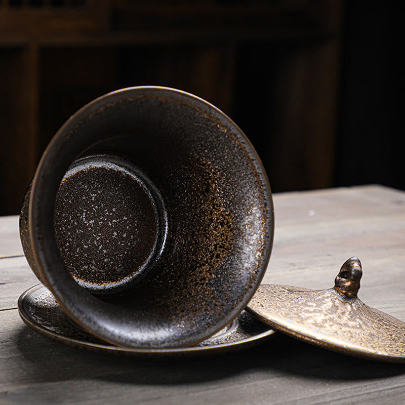 Gaiwan-Teetasse aus Keramik mit Rostglasur, 230 ml, für achtsame Rituale