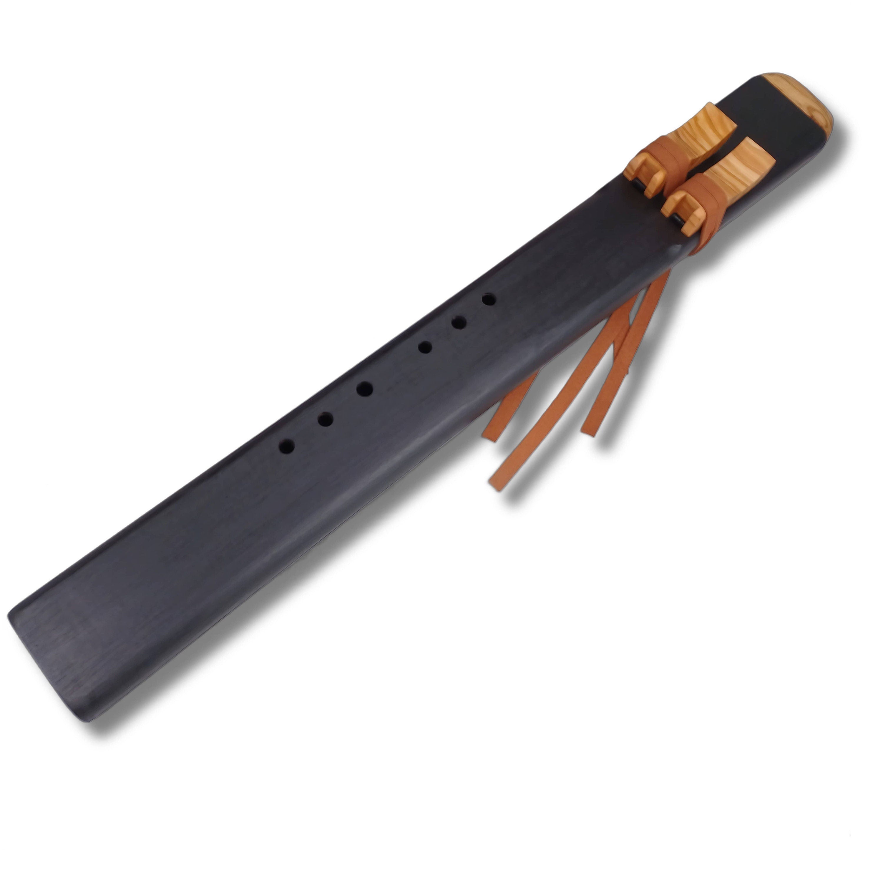 Black leather sword scabbard with brown straps and tassels for Samaru Drone Flute G