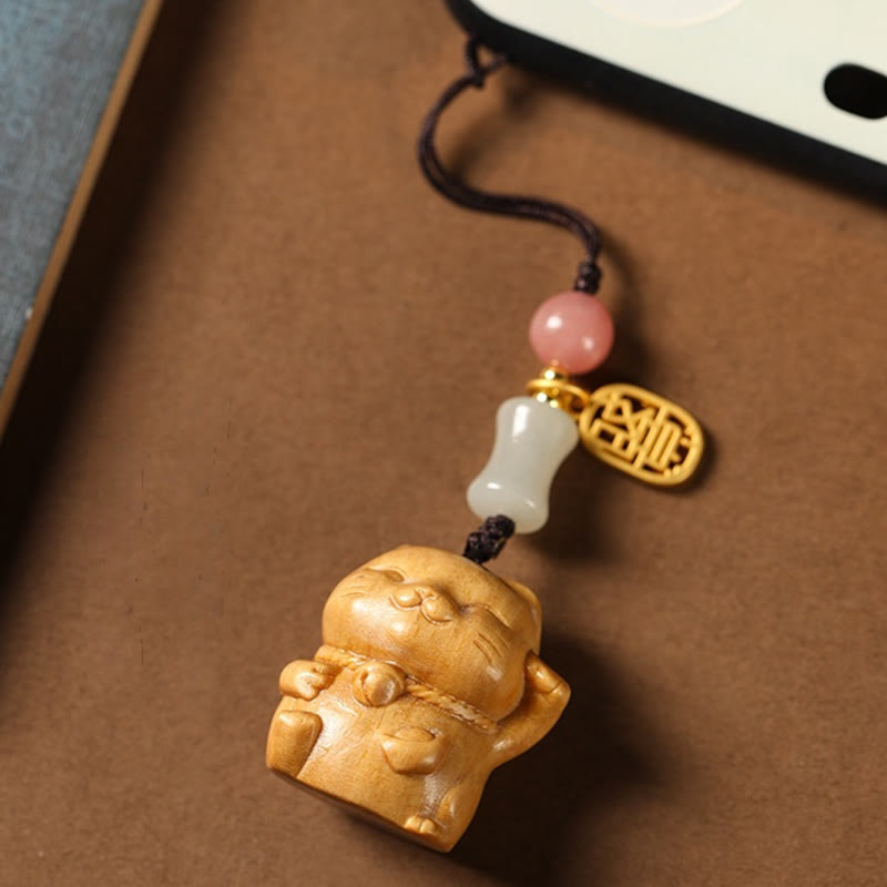 Schlüsselanhänger mit spirituellem Schutz aus Sandelholz und Glückskatzen-Anhänger