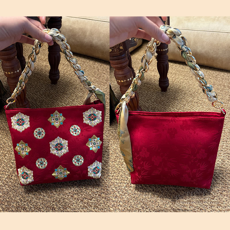 Satin Su bestickte Umhängetasche in Grün – Elegante Yoga-Tasche