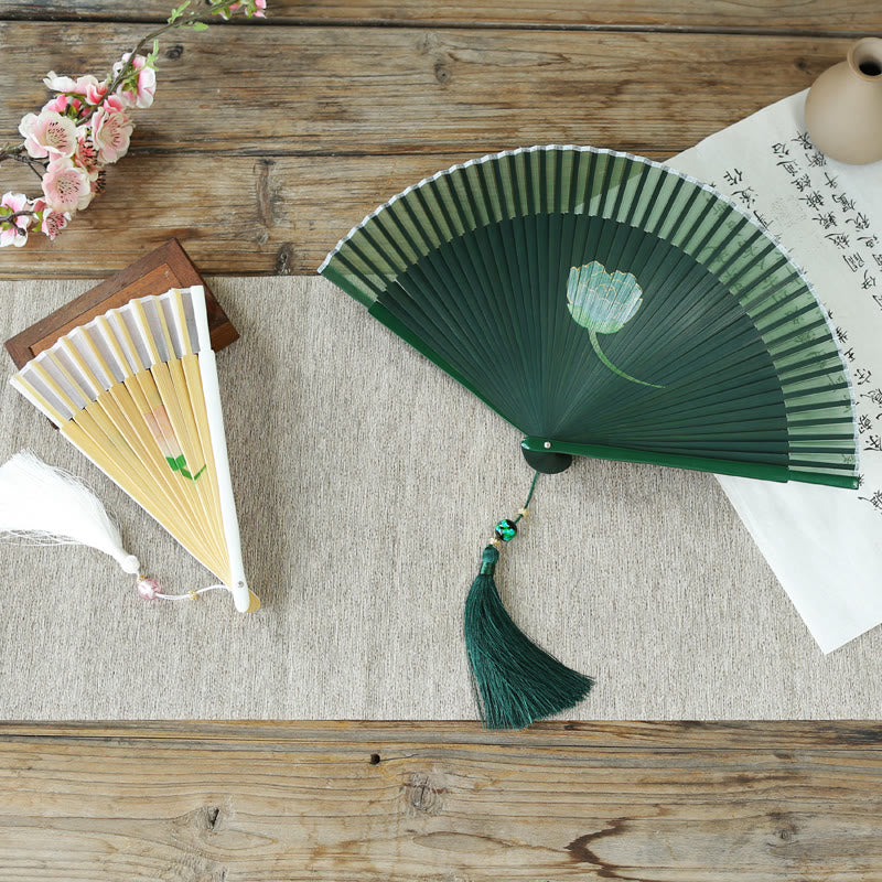 Chinesischer Faltfächer aus Seidenbambus, 21 cm, mit Pfingstrosenblüten