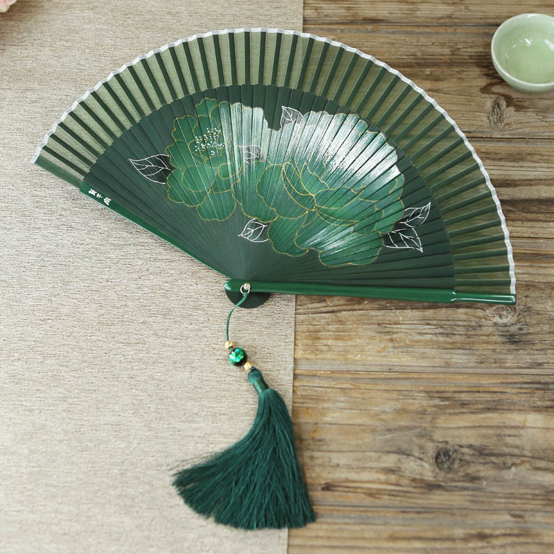 Chinesischer Faltfächer aus Seidenbambus, 21 cm, mit Pfingstrosenblüten