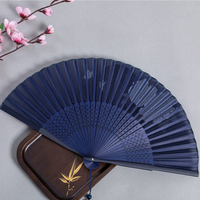 Chinesischer Faltfächer aus Seidenbambus, 22,5 cm, mit Kranich-Libellen-Motiven