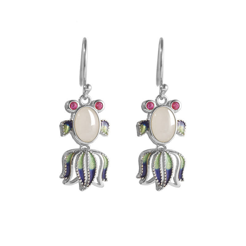 Silberne Hetian-Ohrringe mit weißem Jade- und rotem Achat