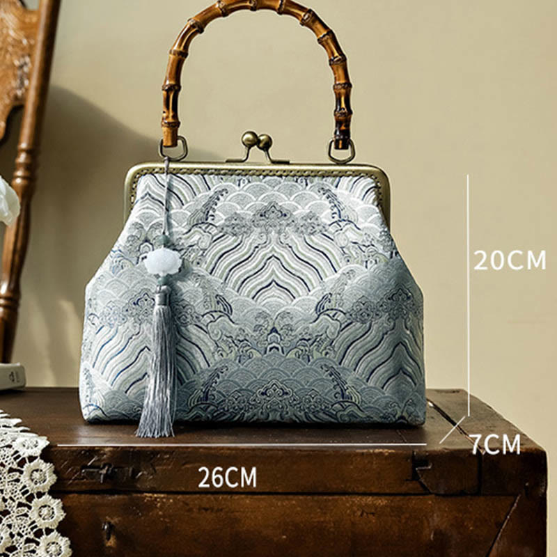 Umhängetasche mit Bambusgriff in Silberlinien, 26 cm