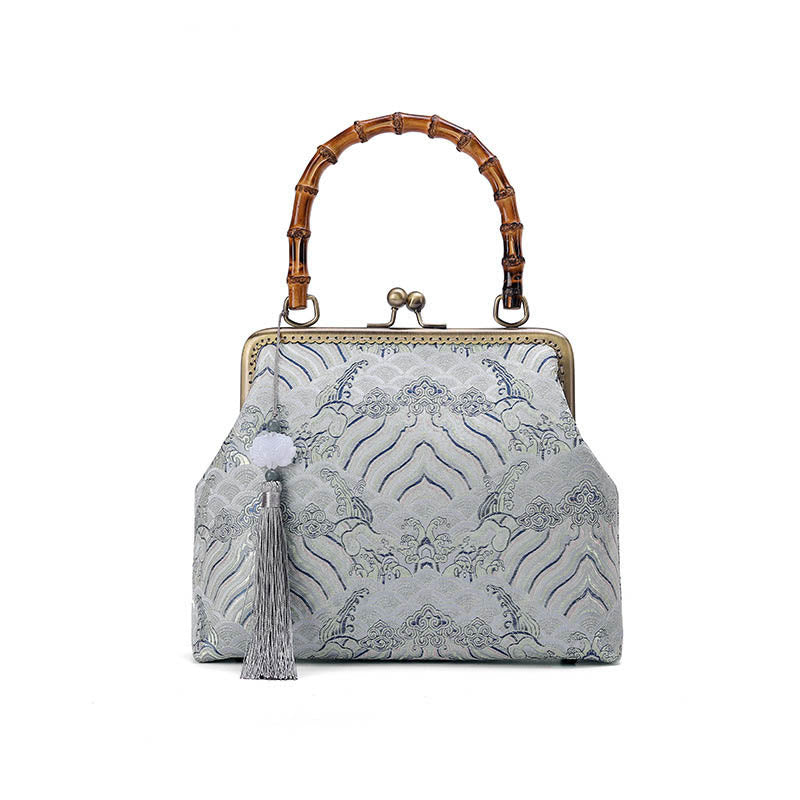 Umhängetasche mit Bambusgriff in Silberlinien, 26 cm