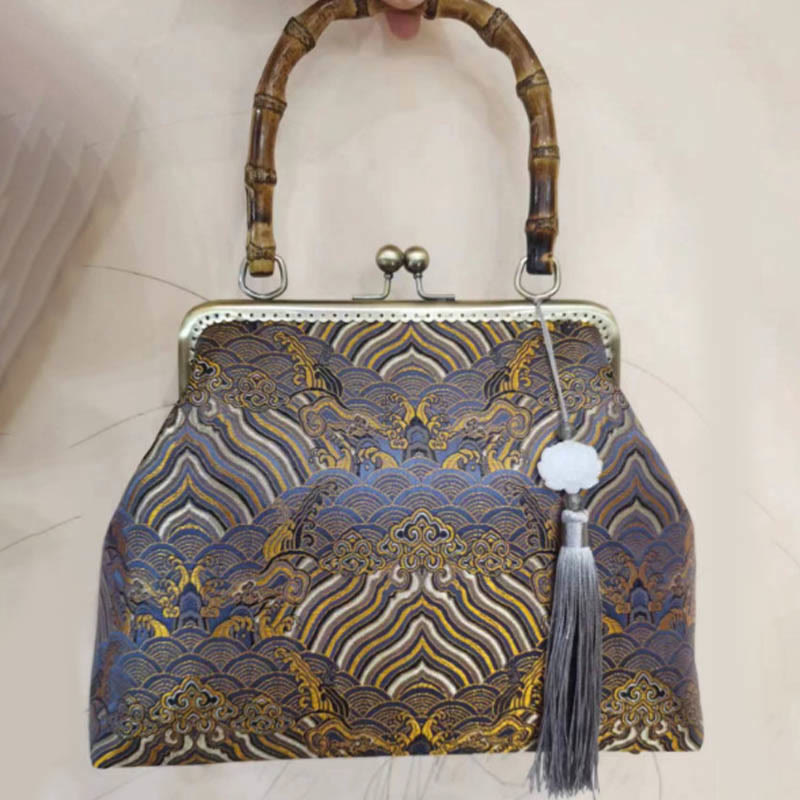 Umhängetasche mit Bambusgriff in Silberlinien, 26 cm