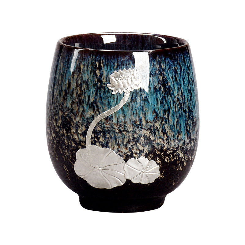 Chinesische Jianzhan-Teetasse aus Keramik mit silbernem Lotusblütenblatt, 150 ml