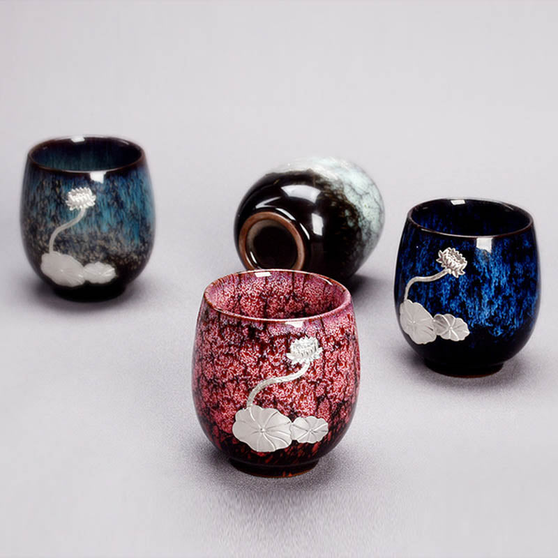 Chinesische Jianzhan-Teetasse aus Keramik mit silbernem Lotusblütenblatt, 150 ml