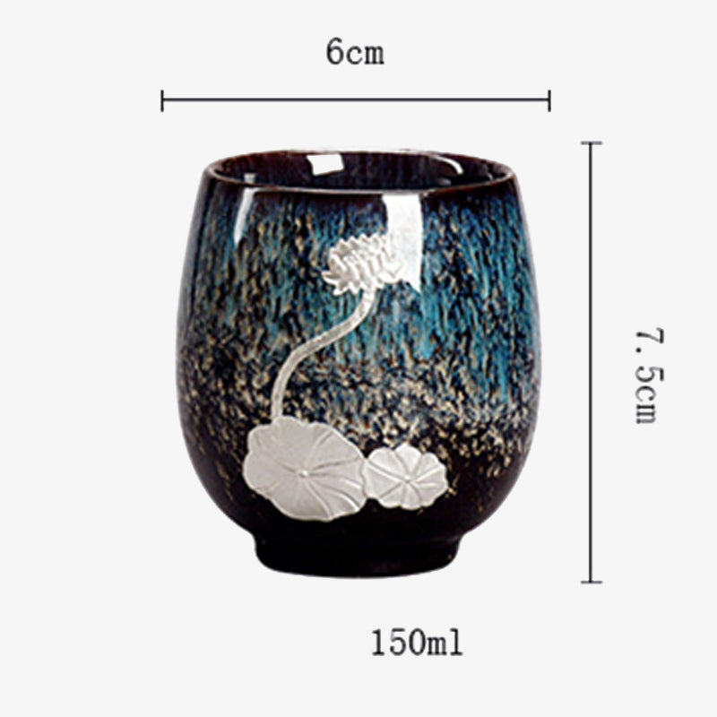 Chinesische Jianzhan-Teetasse aus Keramik mit silbernem Lotusblütenblatt, 150 ml