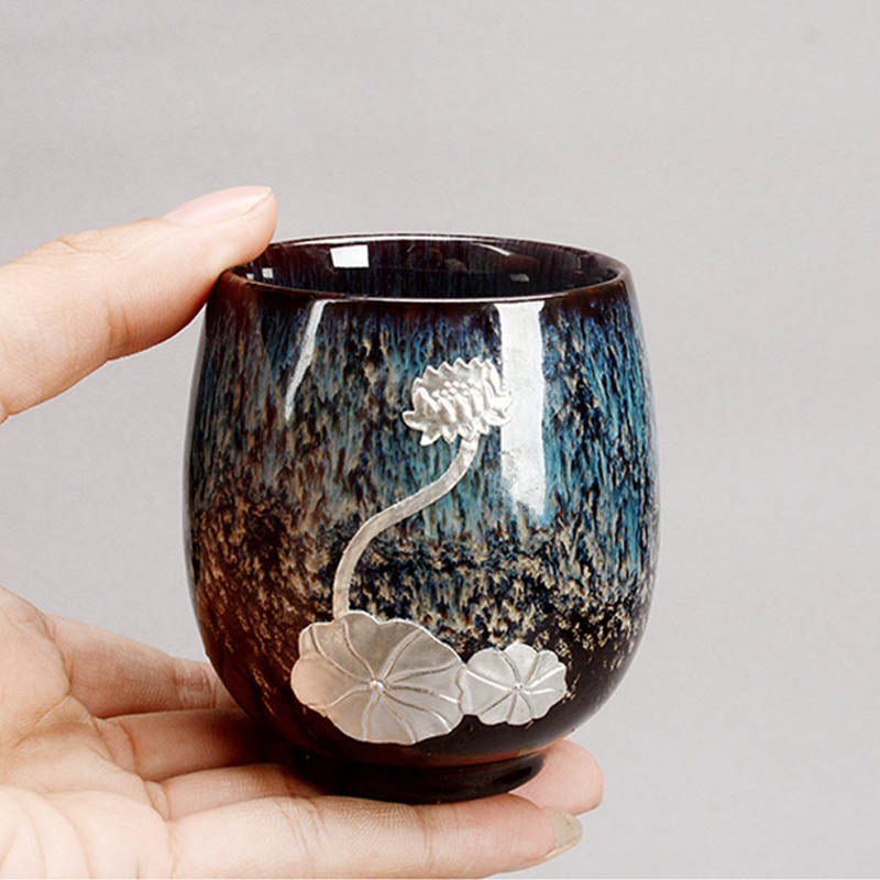 Chinesische Jianzhan-Teetasse aus Keramik mit silbernem Lotusblütenblatt, 150 ml