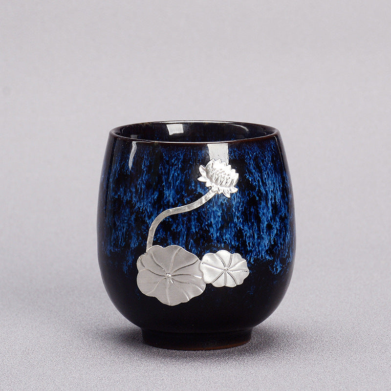 Chinesische Jianzhan-Teetasse aus Keramik mit silbernem Lotusblütenblatt, 150 ml