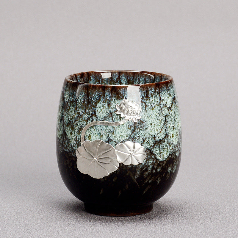 Chinesische Jianzhan-Teetasse aus Keramik mit silbernem Lotusblütenblatt, 150 ml