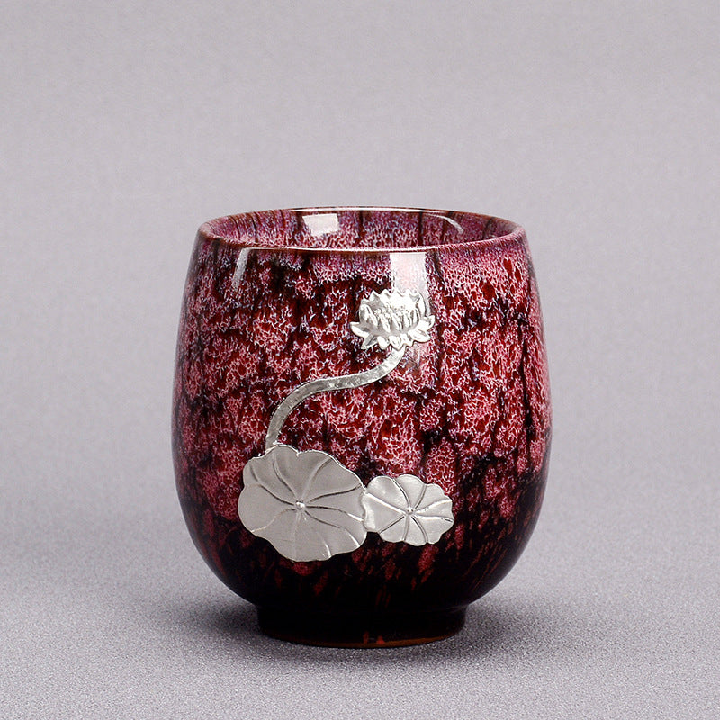 Chinesische Jianzhan-Teetasse aus Keramik mit silbernem Lotusblütenblatt, 150 ml