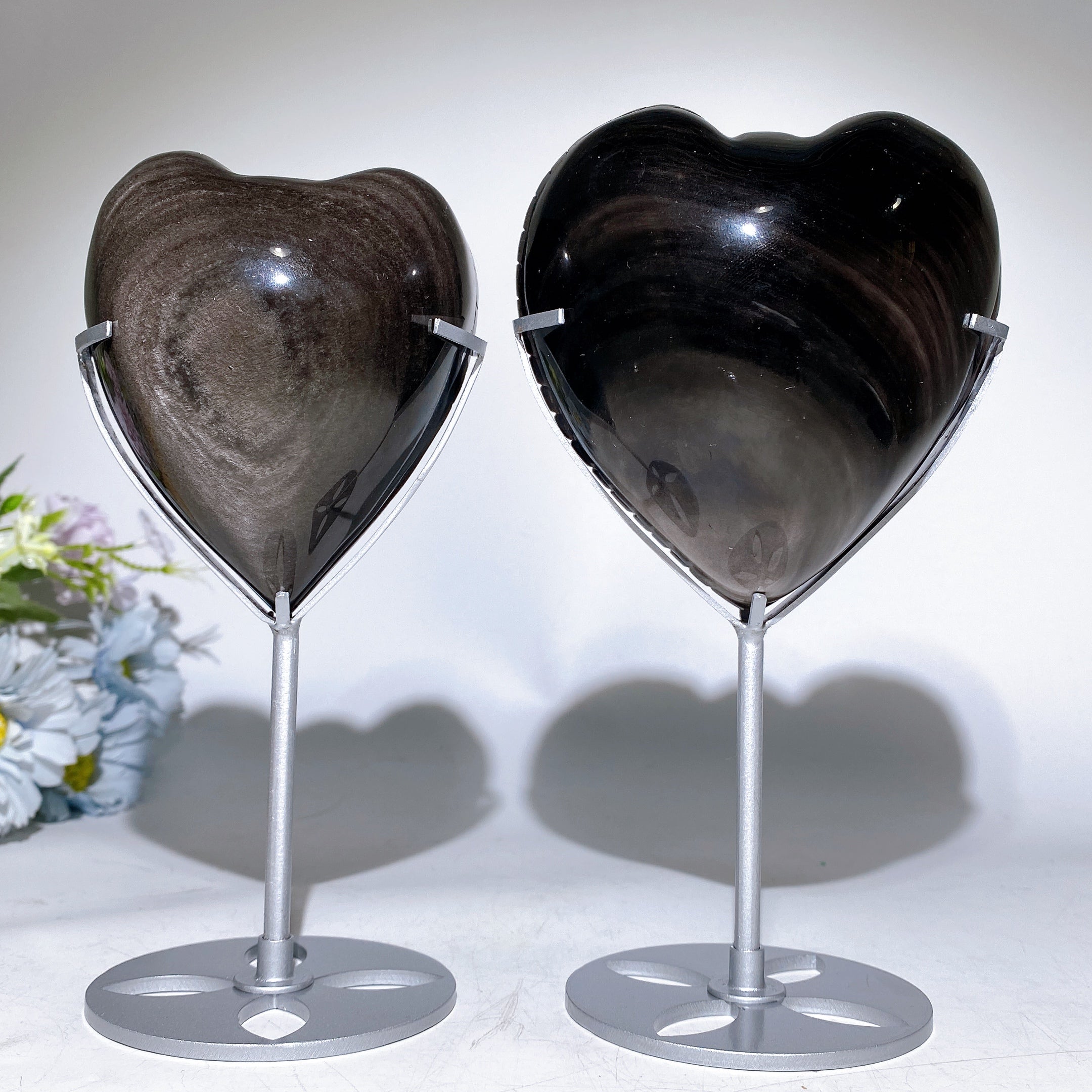 Silver Obsidian Heart Angel Carving with Stand Healing Energy