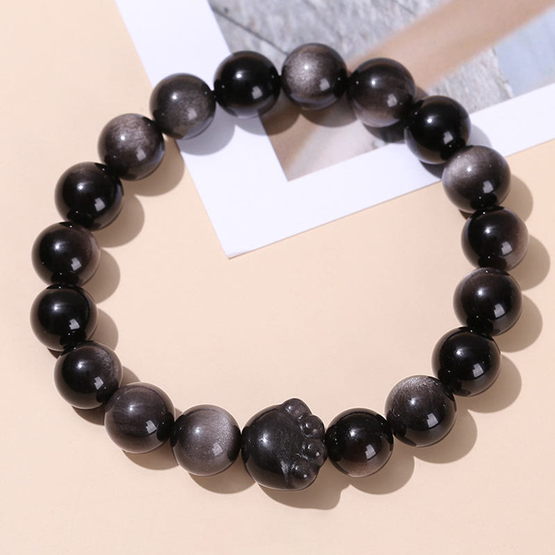 Silbernes, glänzendes Obsidian-Kommunikationsarmband, 8 mm