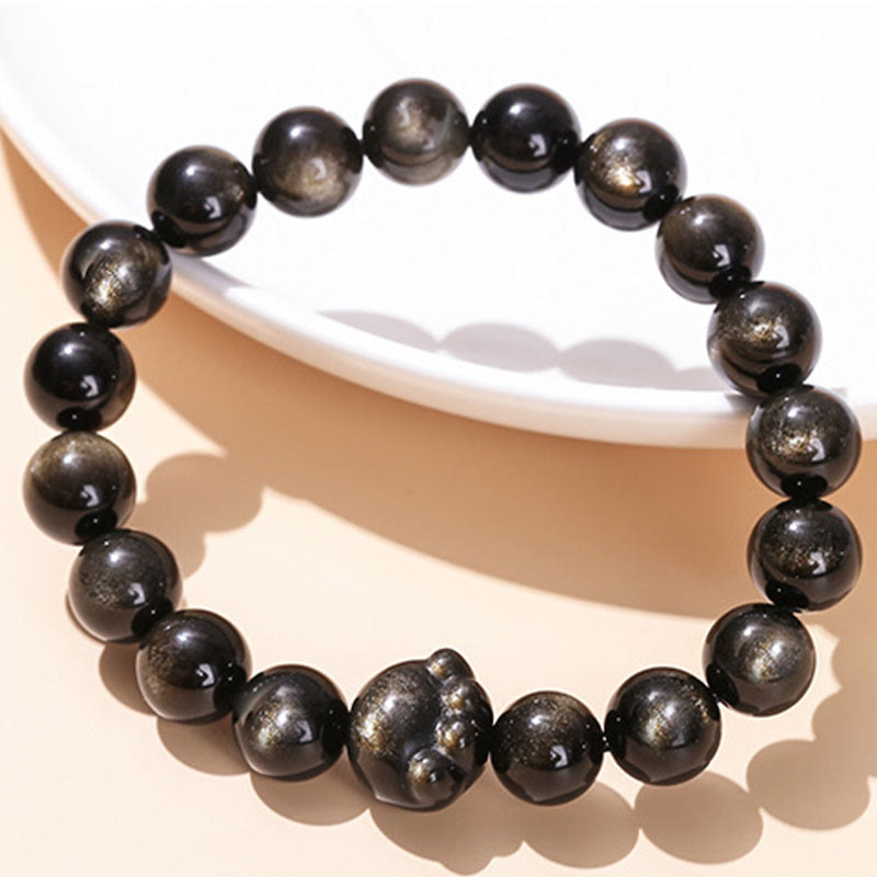 Silbernes, glänzendes Obsidian-Kommunikationsarmband, 8 mm