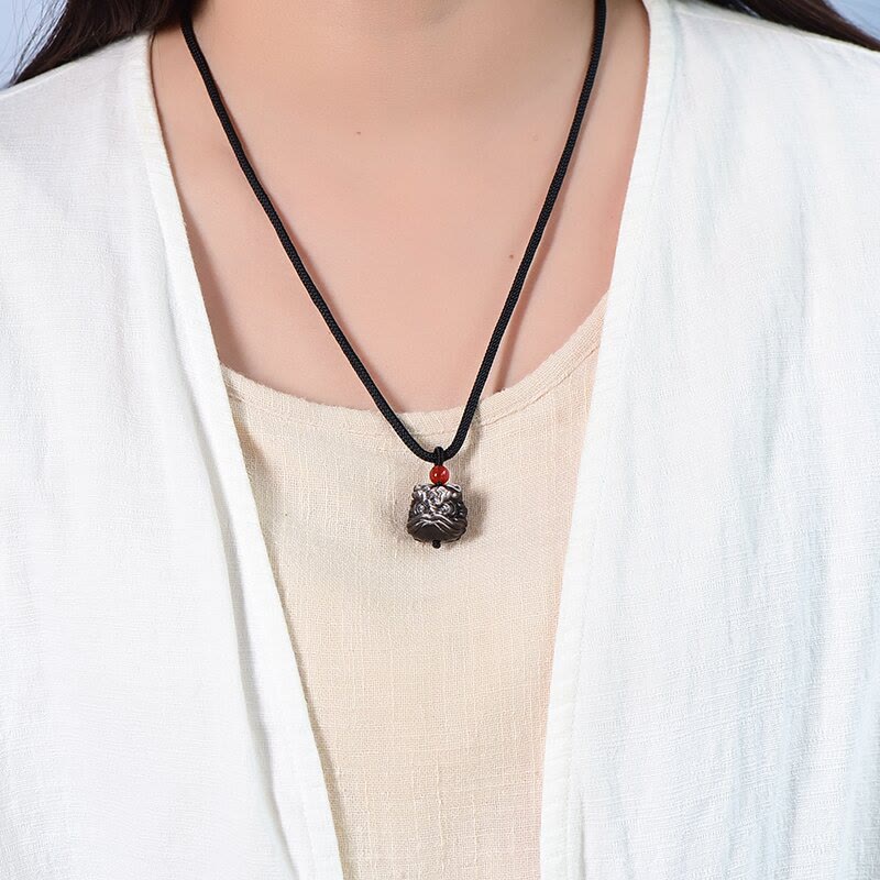 Silberglanz Obsidian Tanzender Löwe Schutz Halskette Unisex