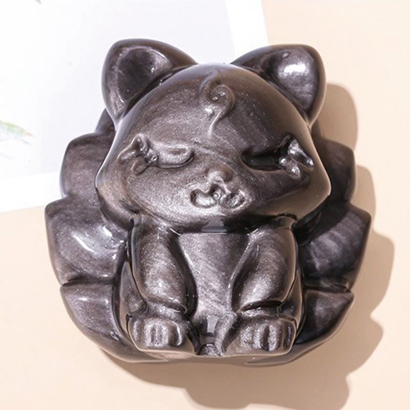Silberglanz-Obsidian-Figur mit neunschwänzigem Fuchs, 7 cm, Schutz