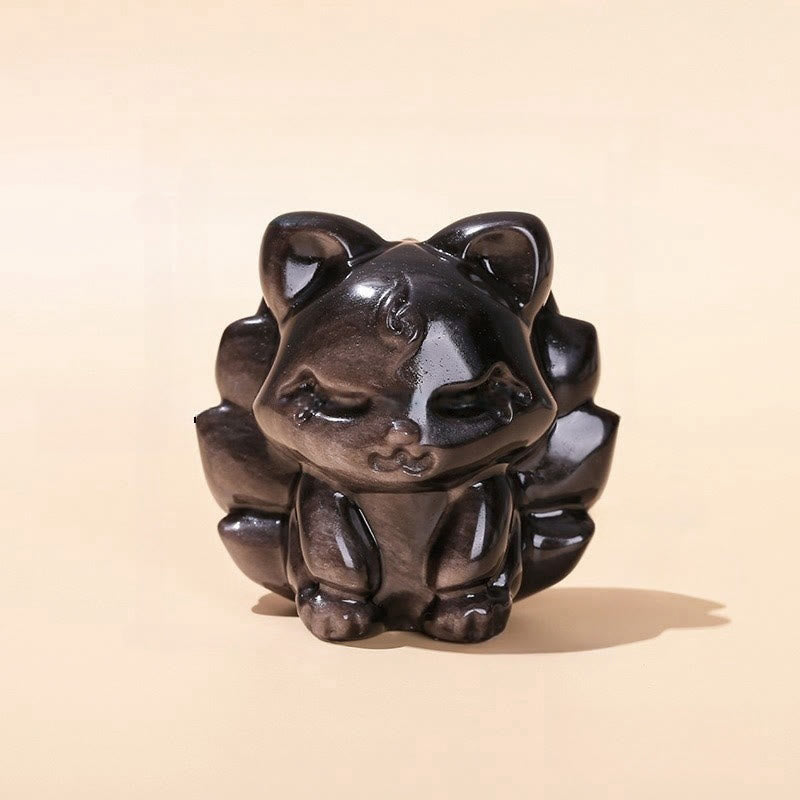 Silberglanz-Obsidian-Figur mit neunschwänzigem Fuchs, 7 cm, Schutz