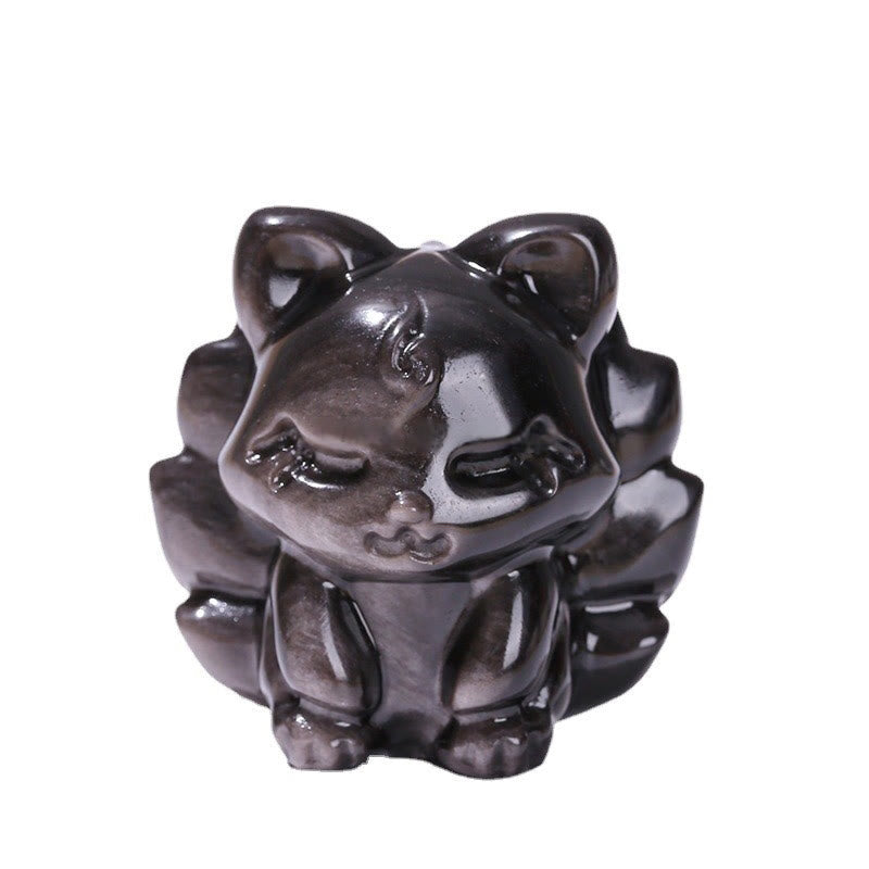 Silberglanz-Obsidian-Figur mit neunschwänzigem Fuchs, 7 cm, Schutz