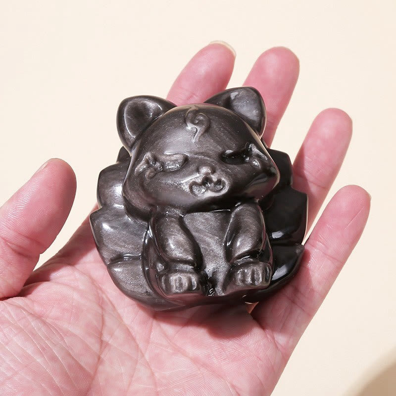 Silberglanz-Obsidian-Figur mit neunschwänzigem Fuchs, 7 cm, Schutz